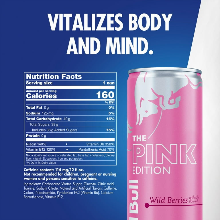 Red Bull Pink Edition Energy Drink Wild Berries 12 fl oz can with 114mg caffeine Red Bull Pink Edition Energy Drink Wild Berries 12 fl oz can with 114mg caffeine