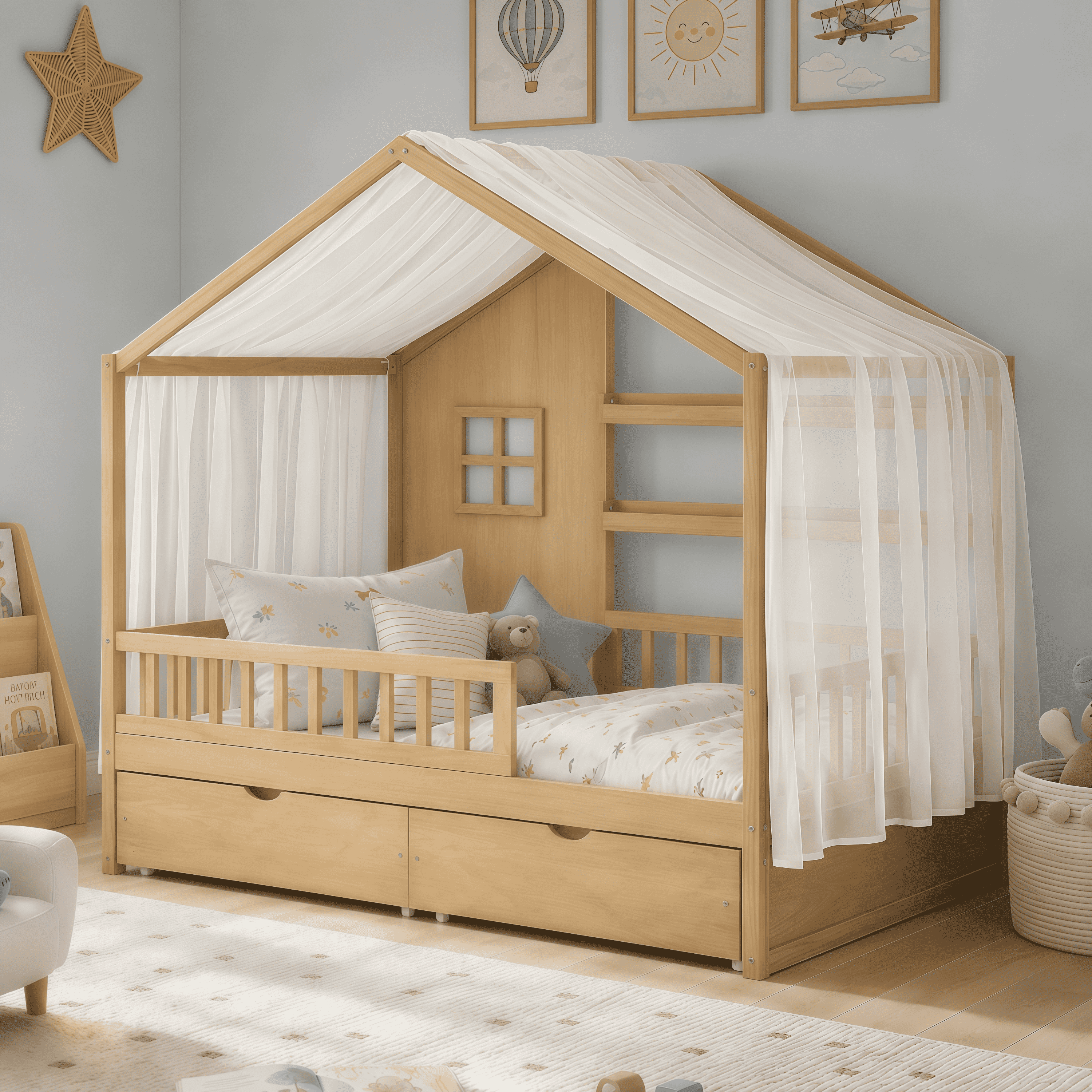Euroco Wood Twin Size House Bed with Roof and Curtains, Montessori Floor Bed with Drawers and Safety Guardrails,No Box Spring Needed, Natural