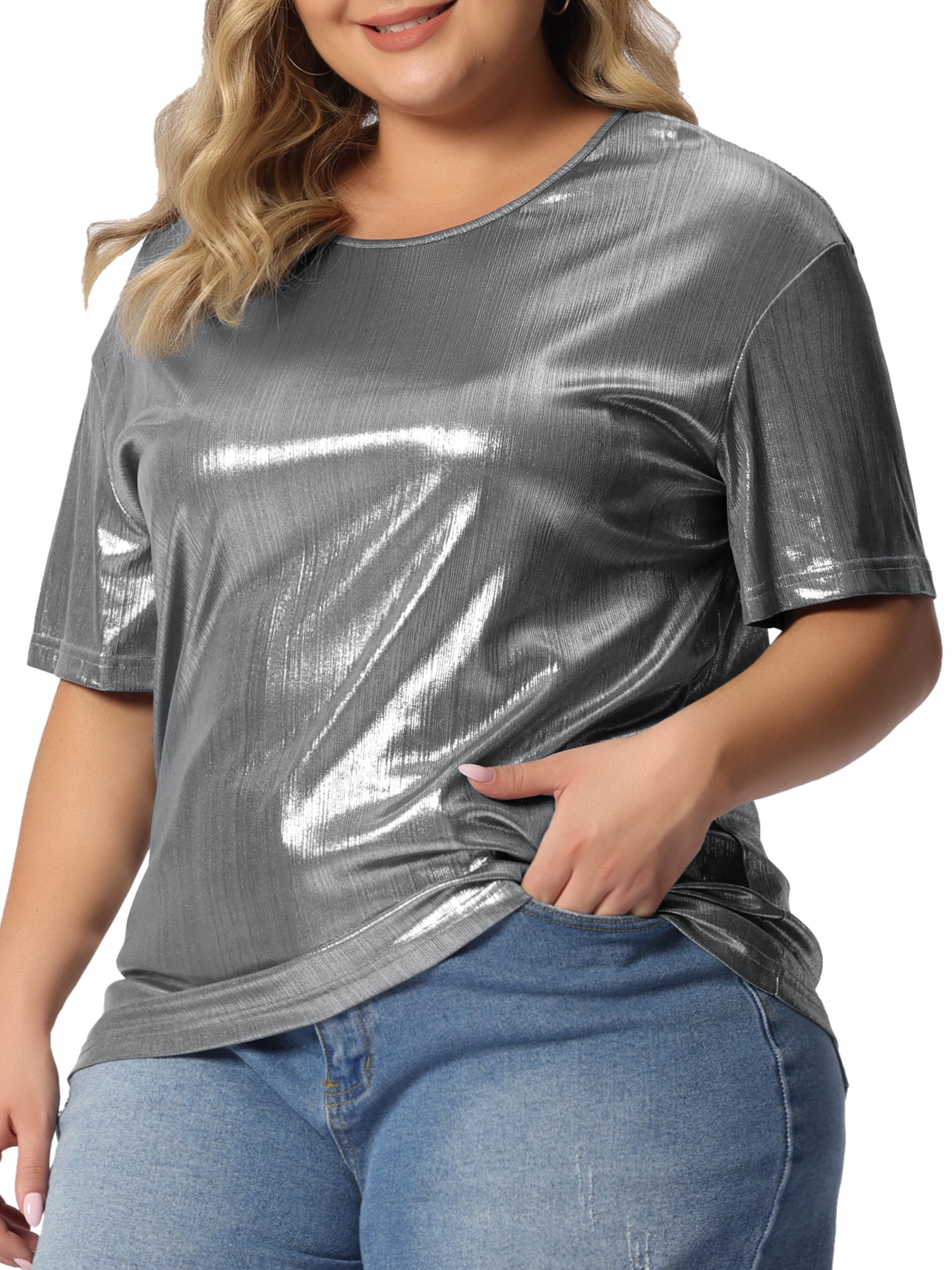 DARING DIVA Women's Plus Size Metallic Round Neck Short Sleeve Blouses 5X Silver