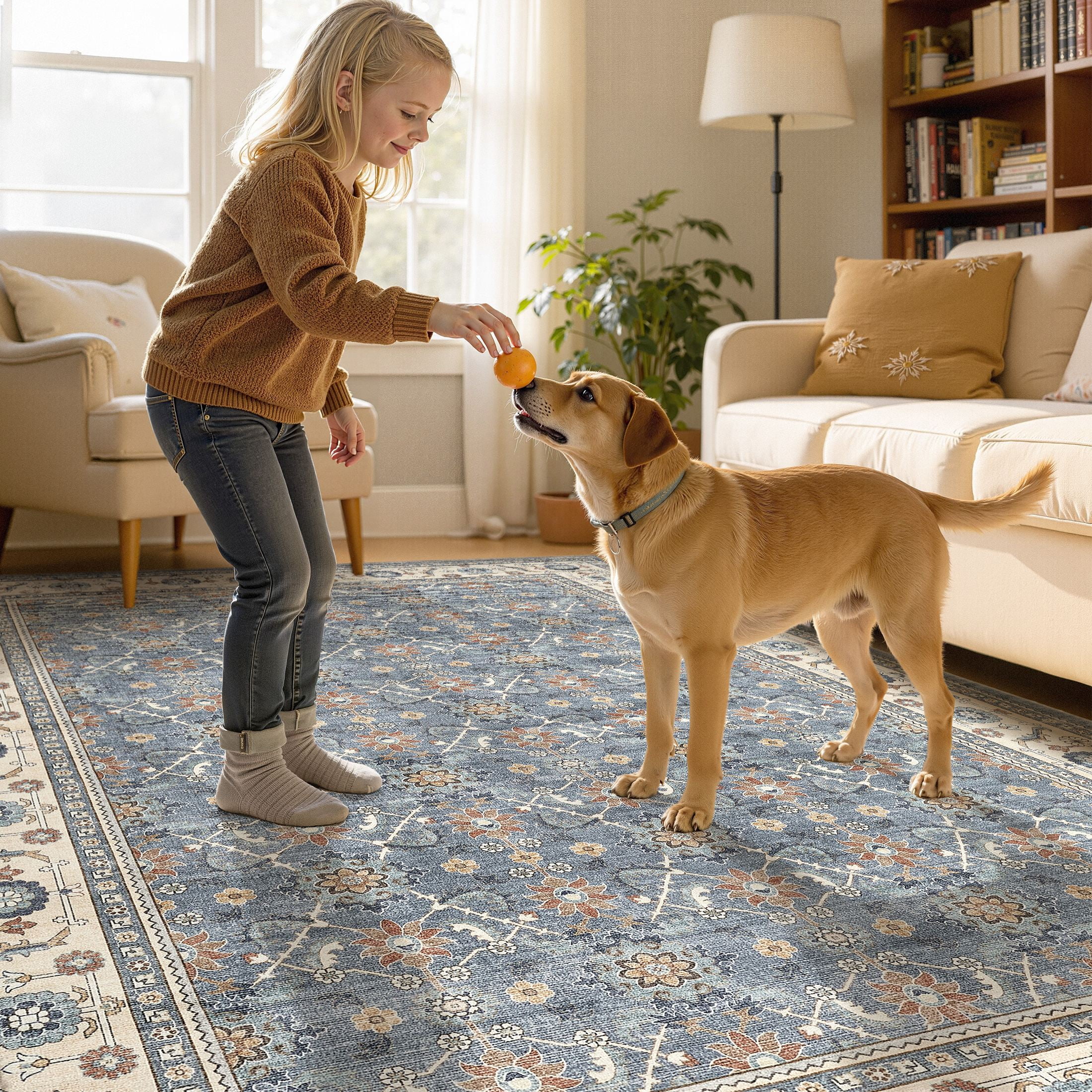 UERMEI 5'x7' Washable Area Rugs for Living Room, Vacuum Friendly, Non-Silp Low-Pile Rug for Bedroom, Boho Home Decor Carpets, Blue