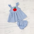 thumbnail image 2 of ZEHJUHAN Baby Girl Outfit Apple Applique Dress & Shorts Set Ruffle Sleeves Summer of School Outdoor Activities Blue，9-12M, 2 of 7