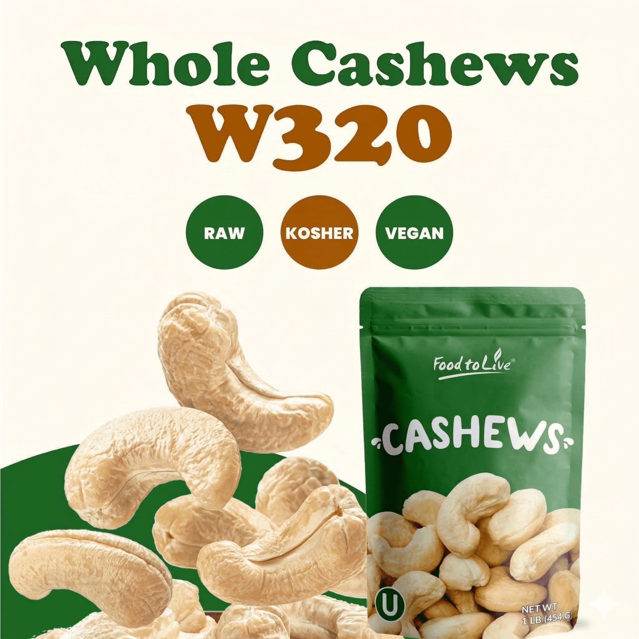 Food to Live, Whole Cashews W320,  10 Pounds, Vegan