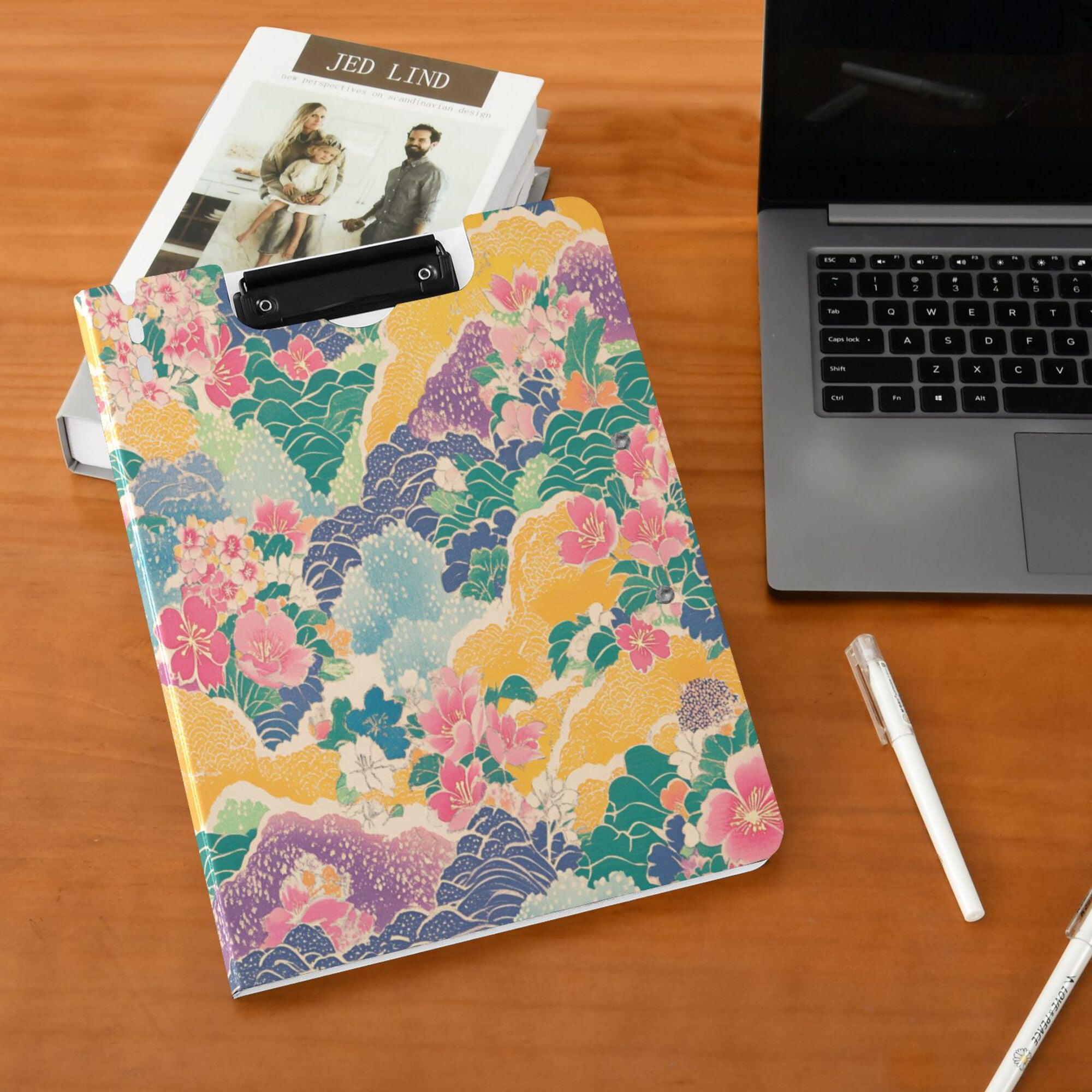 FORMRS A4 Clipboard Folder with Pen Holder Horizontal Foldable School Office Binder, Yellow Floral Wave