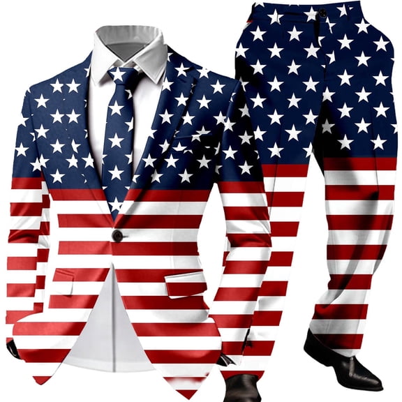 CONZONE Independence Day Mens 2 Peice Suit Set Usa 250Th Anniversary Suits for Men Patriotic Usa Star Striped Long Sleeve Blazer Pants Cozy July 4Th Dress Outfits