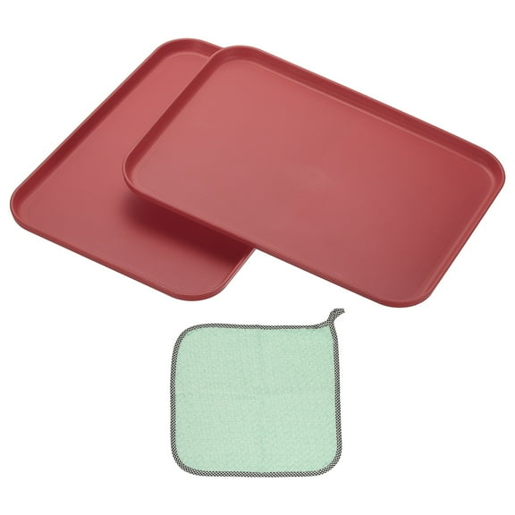 12x8.7" Rectangular Plates, 2 Pack Wheat Plastic Dinner Plates Dishes Reusable Unbreakable Dessert Plate Trays with Cloth for Cake Fruits Salad Cupcake Steak Serving Dark Red