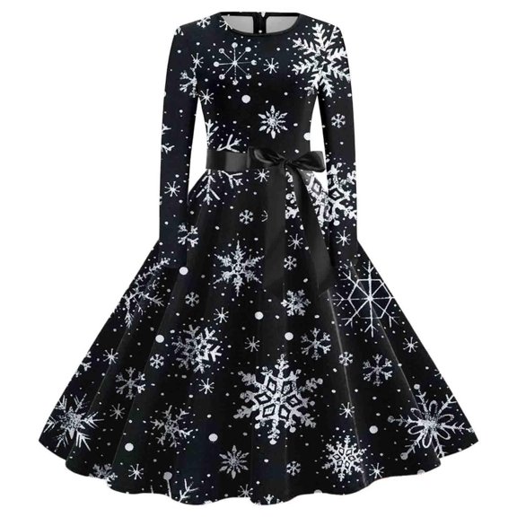 Women's Casual Fashion Long Sleeve Christmas Graphic Printed Vintage Dress with Round Neck for Retro Style and Holiday Occasions, Perfect for Women's Everyday Fashion,Gray,L