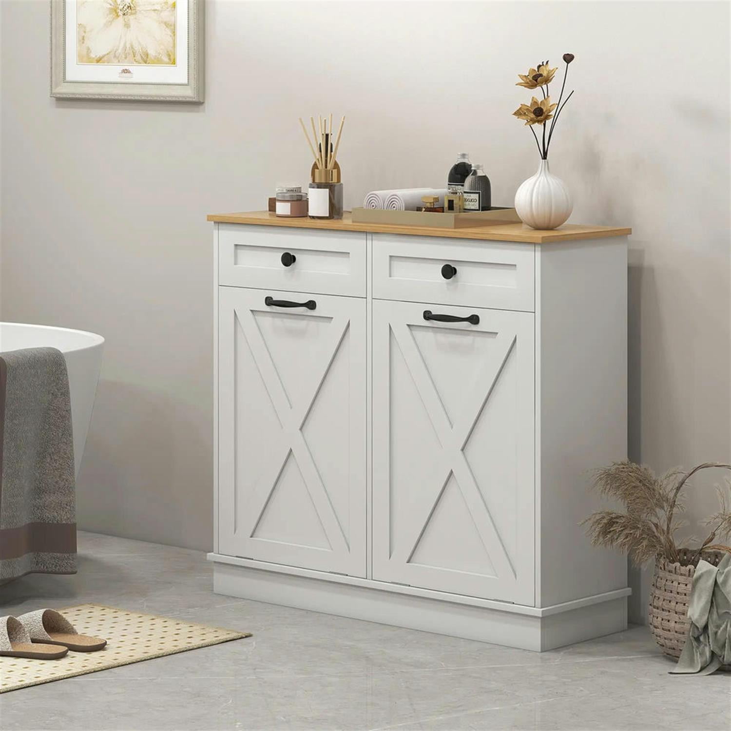 Demi Bonn 35" Bathroom Storage Cabinet with Tilt-Out Trash, Laundry Cabinet with 2 Removable Laundry Basket and 2 Drawer for Kitchen, Living Room, White