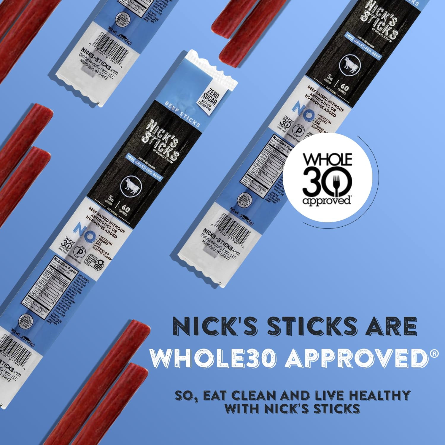 Nick’s Sticks Grass-Fed Beef Snack Sticks, Gluten Free, Keto Certified, Paleo and Whole30 Approved, No MSG, High Protein Low Carb, 25 Twin Packs (1.7 oz each)
