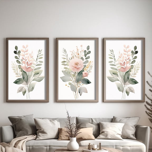 Elegant Boho Wall Art Sage Green Blush Pink Botanical Print Set 3 Unframed Paper Print 8x12