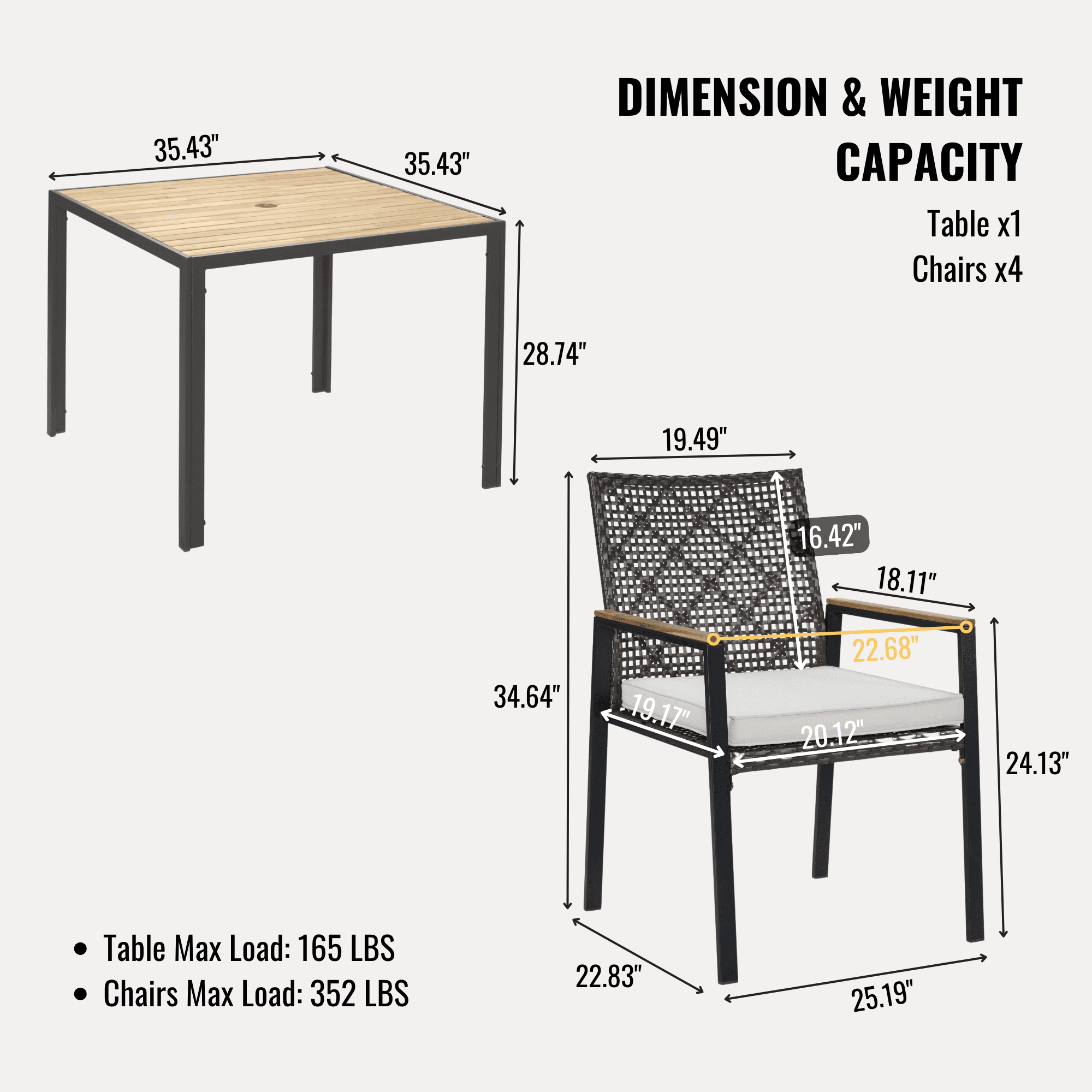 5-Piece Patio Dining Table Sets,All Weather Patio Furniture Sets Acacia Wood Table Top with Umbrella Hole,Dark Brown