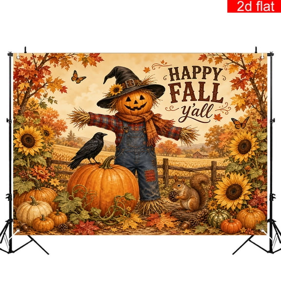 Elyvra Happy Fall Y'all Backdrop Autumn Scarecrow Pumpkin Background 2D Flat Harvest Sunflower for Thanksgiving Halloween Party Studio 3x5ft