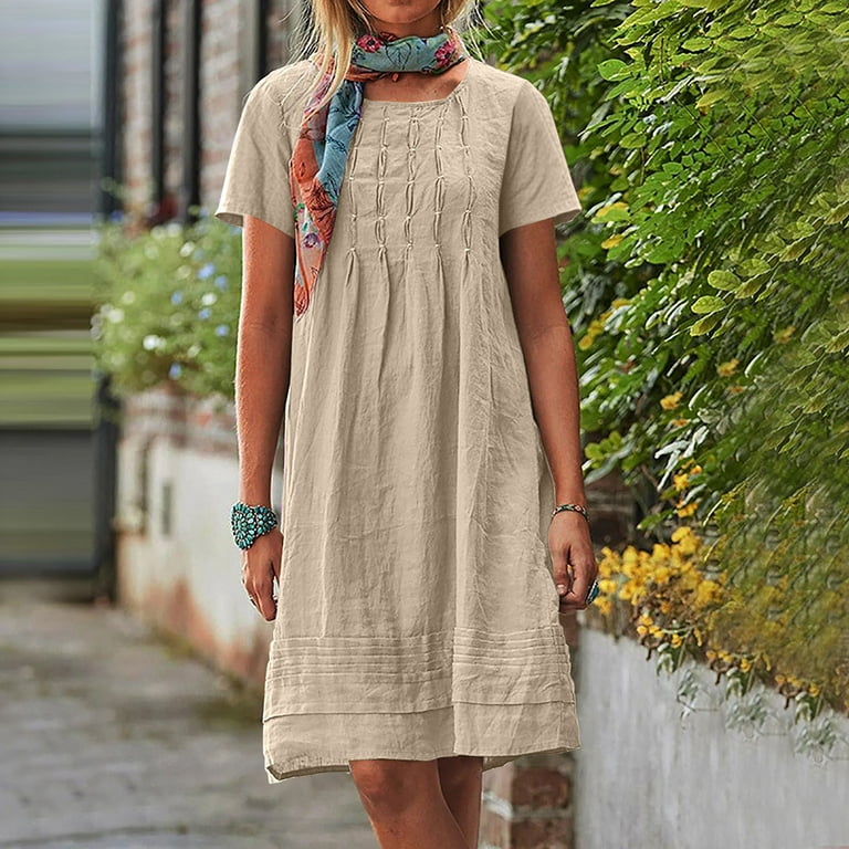 BiZtdJrK Women's Cotton Linen Midi Dress Casual Pleated Short Sleeve Summer Dresses Solid Color Crew Neck Beach Dresses Vacation Clothes Beige S Back to School Sales - Walmart.com BiZtdJrK Women's Cotton Linen Midi Dress Casual Pleated Short Sleeve Summer Dresses Solid Color Crew Neck Beach Dresses Vacation Clothes Beige S Back to School Sales - Walmart.com