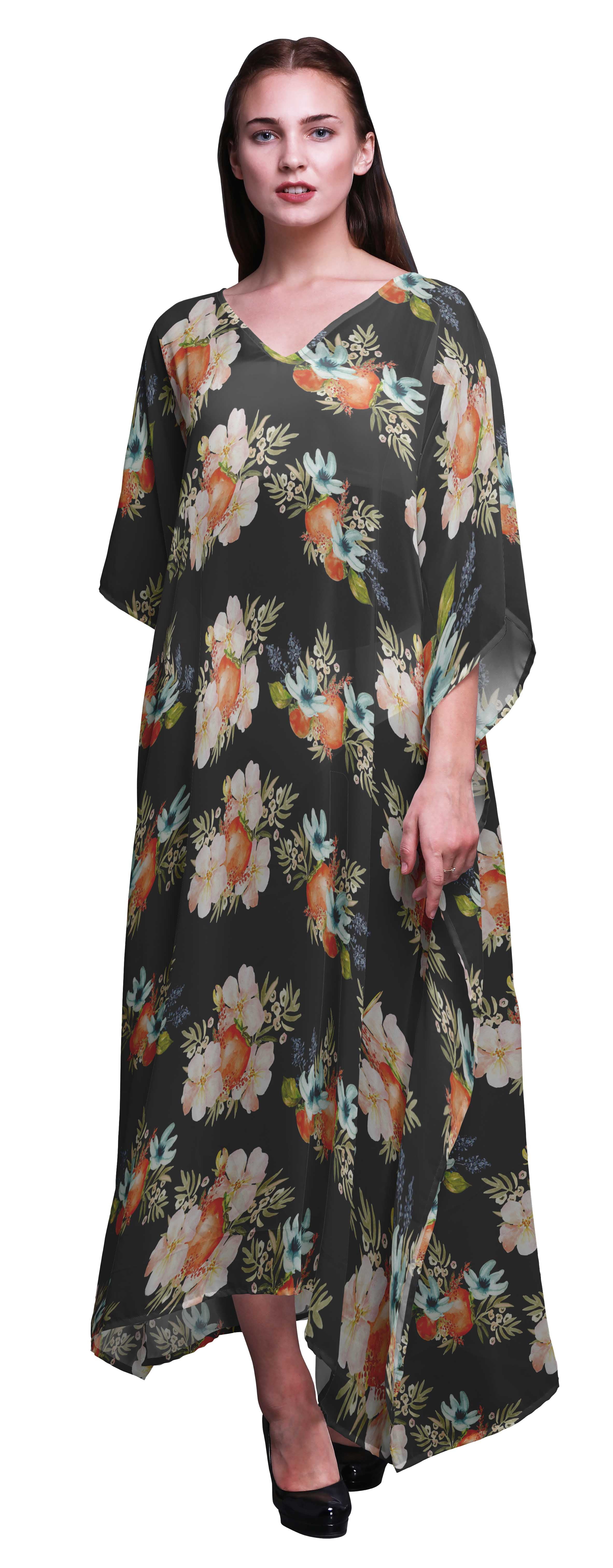 Phagun Bird & Floral Print Long Kaftan Dress - Beach Cover Up, Maxi Caftan With V-Neck, Kimono Sleeves, Lightweight