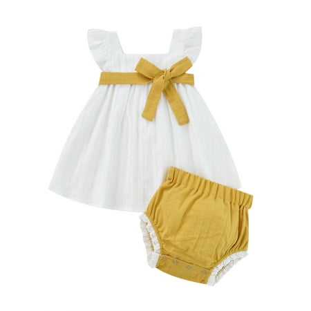 

Amuver Baby Girls 2Pcs Summer Outfits Fly Sleeve Tie Belted Tops + Lace Trim Shorts Set