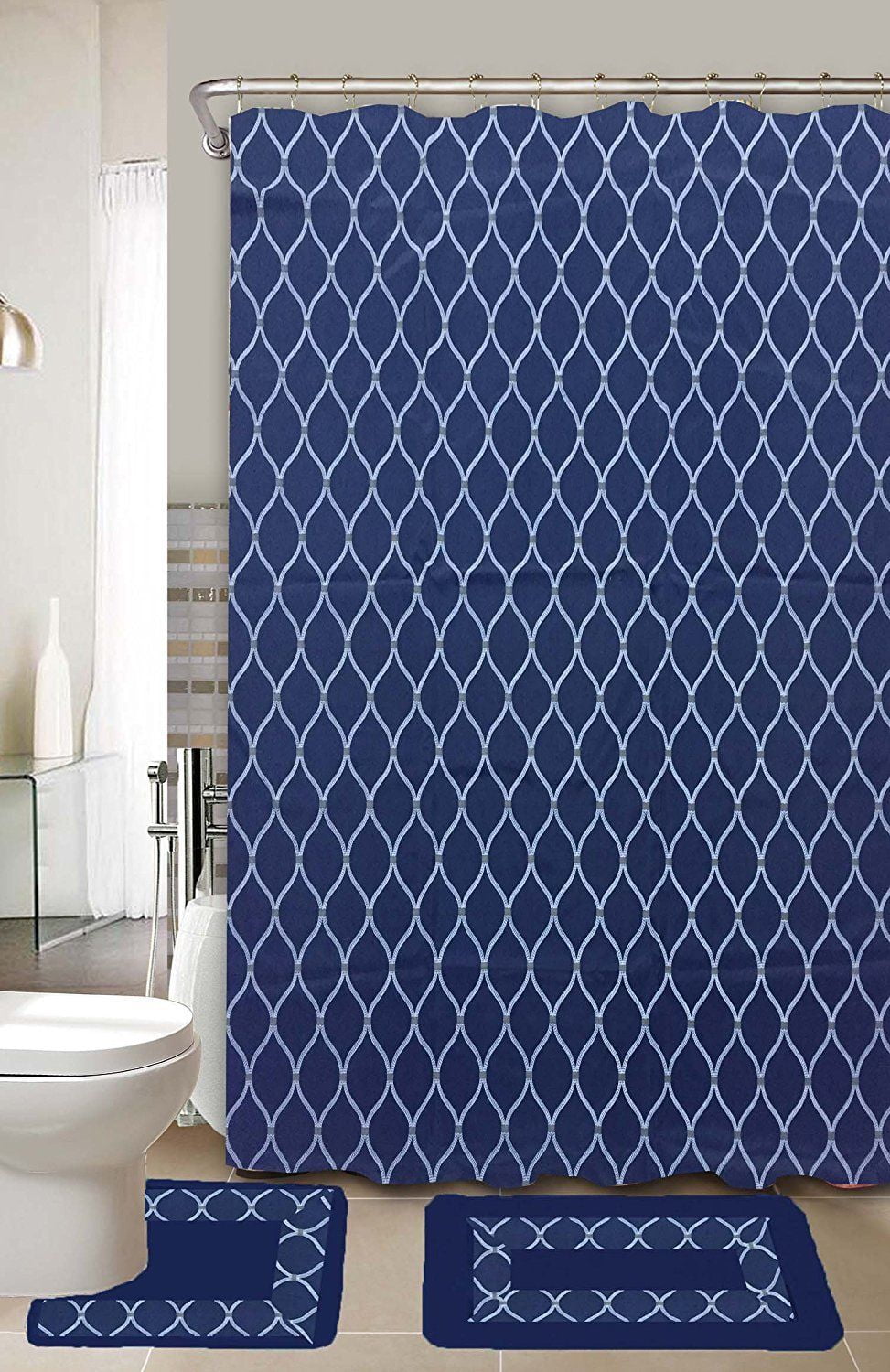 Huda Navy Blue White 15-Piece Bathroom Accessory Set 2 Bath Mats Shower Curtain 