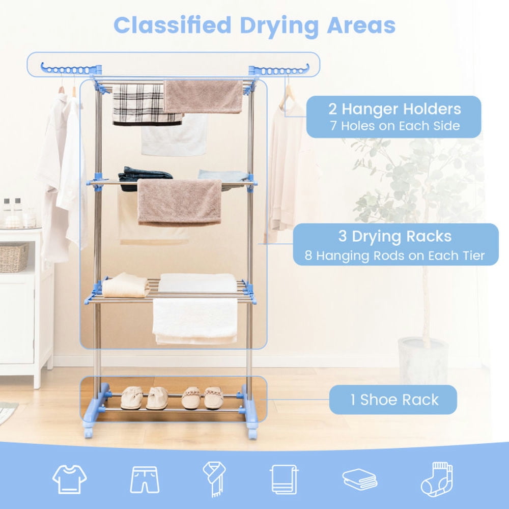 Finihen Drying Rack, Clothes Drying Rack, 4-tier Folding Clothes Drying Rack with Rotatable Side Wings, for Indoor, Outdoor, Blue Finihen Drying Rack, Clothes Drying Rack, 4-tier Folding Clothes Drying Rack with Rotatable Side Wings, for Indoor, Outdoor, Blue