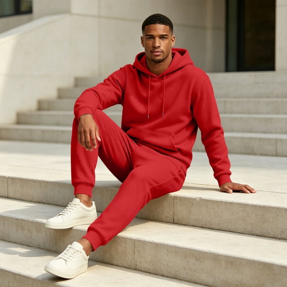 Mens Sweatsuit 2 Piece Hoodie Tracksuit Jogger Set Soft Fleece Lining Outfits, Kangaroo Pocket Sweatshirt, Drawstring Waist Sweatpants, Fall Winter Matching Sets Red M