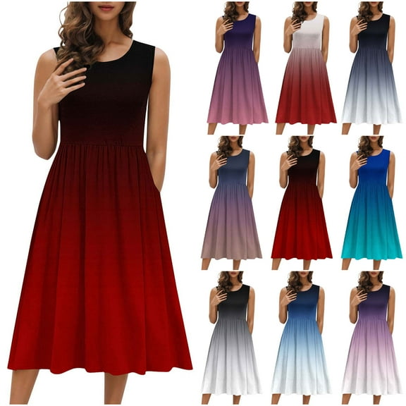 Summer Dresses for Women 2025, Fashion Women's Dresses Summer Casual Round Neck Sleeveless Solid Beach Sundresses Boho Dress(Black,S)