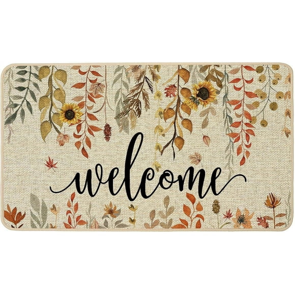 Tapis d'Entrée d'Automne à Feuilles d'Érable, Style Ferme, Carreaux Buffalo Colorés, Pois, Paillassons, Entrée, Profil Bas, Antidérapant, Tapis de Sol Extérieur Intérieur pour Maison, Patio, Jardin, Déco 17 x 29 Pouces