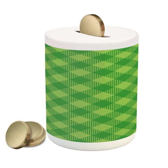Irish Piggy Bank, Retro Pattern in Vivid Green Cultural Checkered Traditional Tile, Ceramic Coin Bank Money Box for Cash Saving, 3.6" X 3.2", Green Lime Green, by Ambesonne