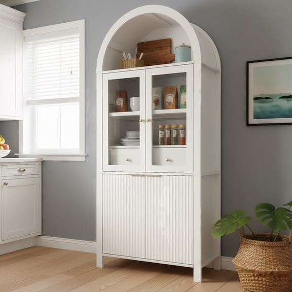 71" Tall Arched Fluted Pantry Cabinet with Adjustable Shelves, Glass Door & Hidden Drawer, Freestanding Storage Cabinet for Kitchen, Living Room, Dining Room,White