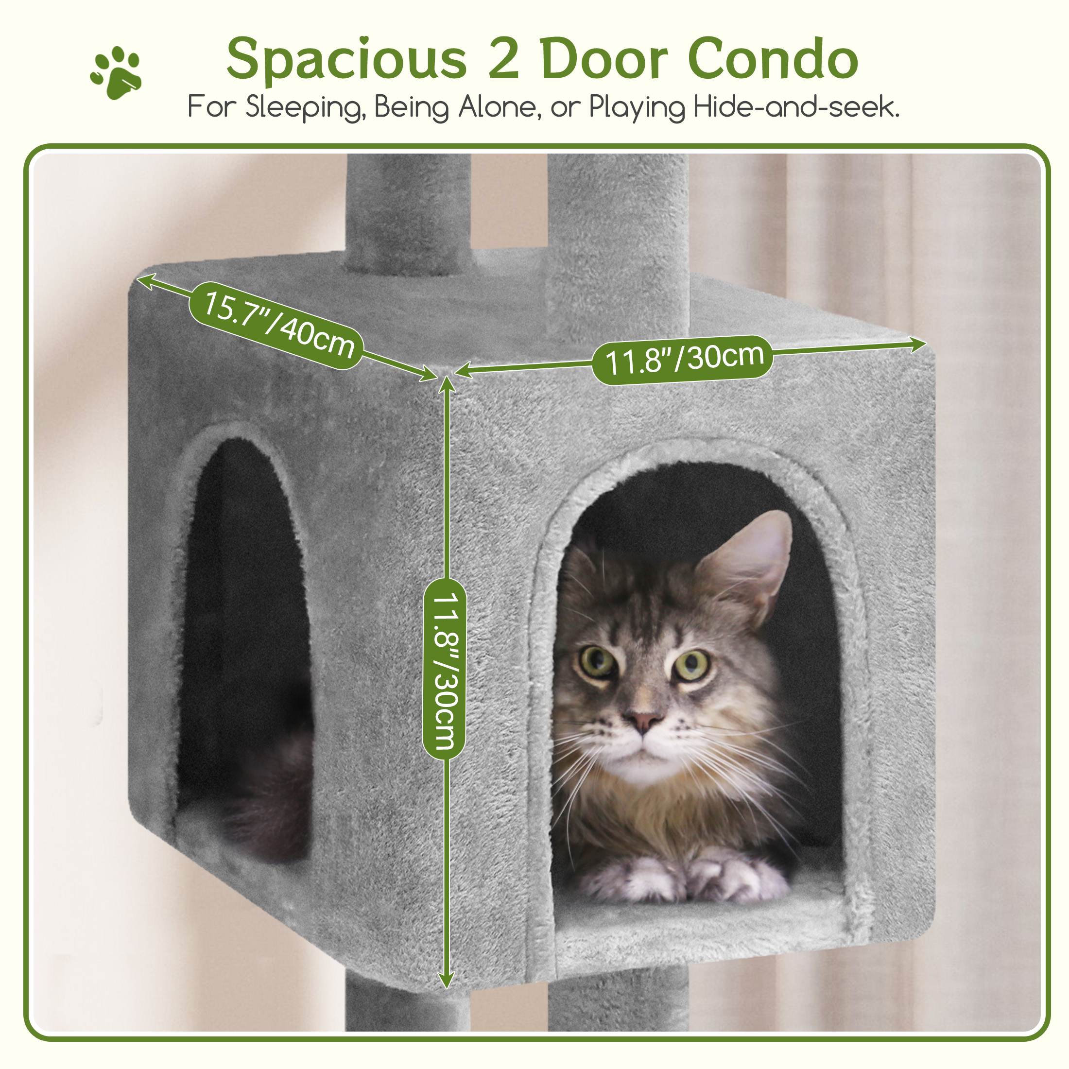 Large Cat Tree Tower for Indoor Cats with 2 Caves, Oversized Perch & Teaser Wand, Light Grey