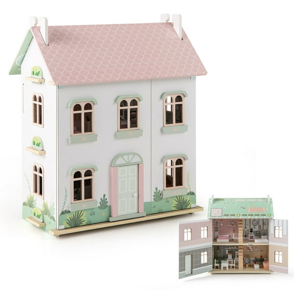 Gymax Kids Wooden Dollhouse w/ Double-Sided Roofs & Openable Doors Rich Furniture