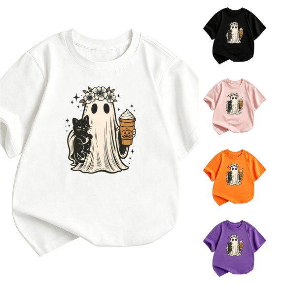 Zylarhe Girls Halloween Tops Short Sleeve Crewneck T Shirt for Casual Summer Fun Graphic Shirt for Kids White 5-6 Years