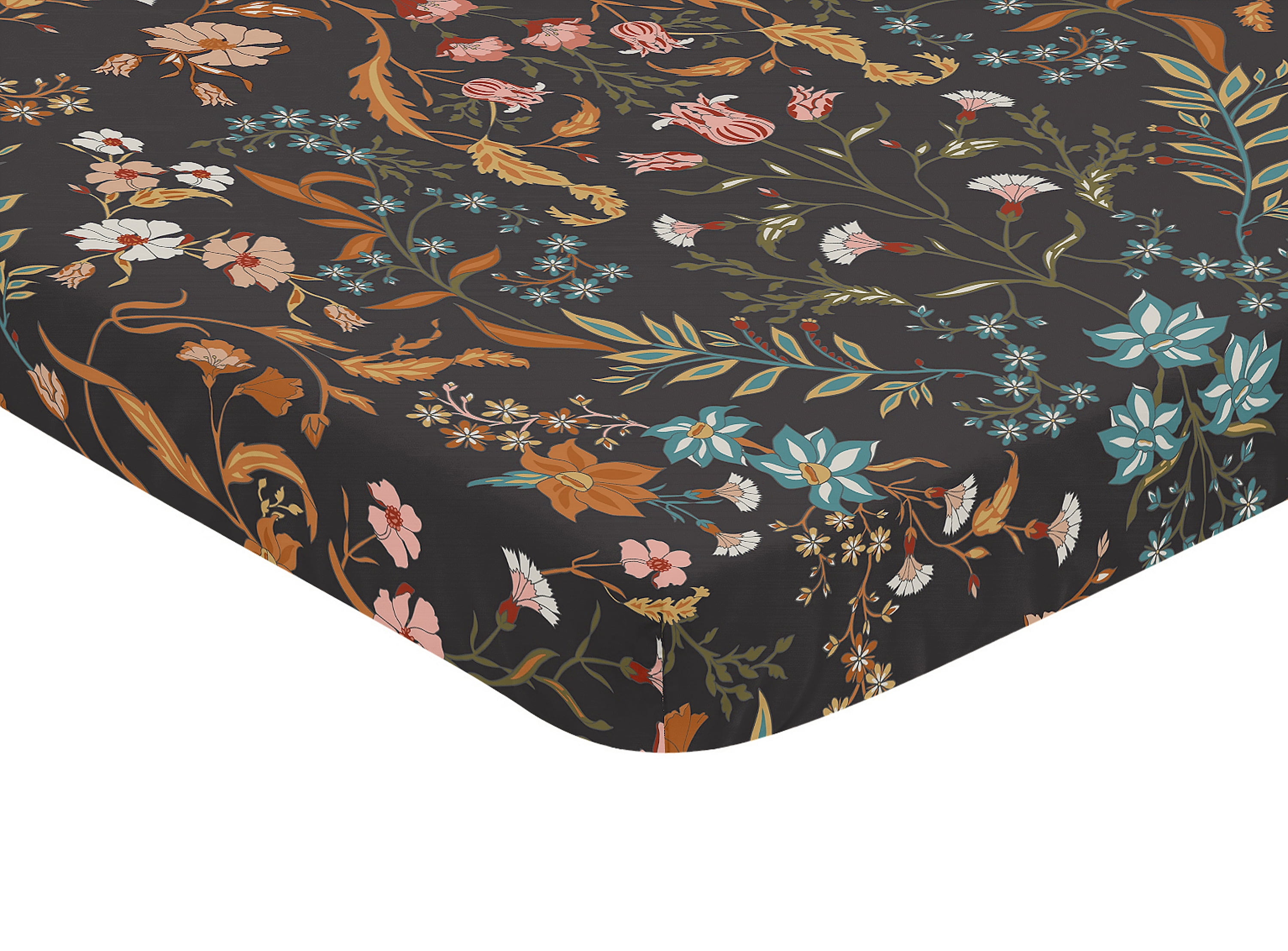 Sweet Jojo Designs Boho Floral Wildflower Black and Orange Girl Mini Fitted Crib Sheet
