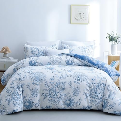 Duvet Cover Twin Size, Flower Kids Duvet Cover with Pillow Shams, Soft Floral Bedding Set White and Blue for All Season, Breathable, Zipper Closure…