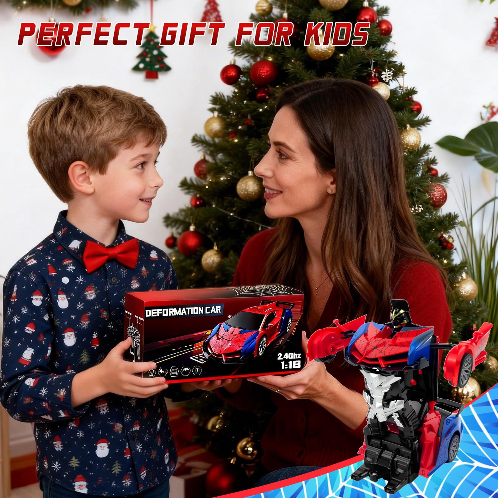 Spider Remote Controls Car, 1:18 Scale Transformer Robot Toy with 2.4GHz One-Button Deformation and 360° Rotation, RC Vehicle Gift for Boys Ages 3-12