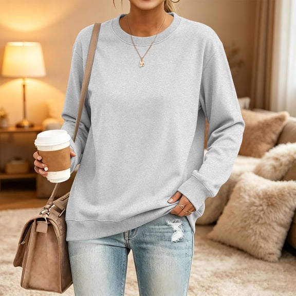 Women's Casual Crew Neck Sweatshirt Loose Soft Long Sleeve Pullover Tops Light Gray M