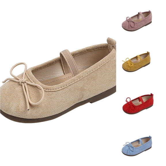 Xijirk Girls Front Bow Suede Mary Jane Flats Elastic Strap Wedding Flower Girl Casual Dress Shoes for Toddler Little Big Kid 4.5-5 Years,Beige