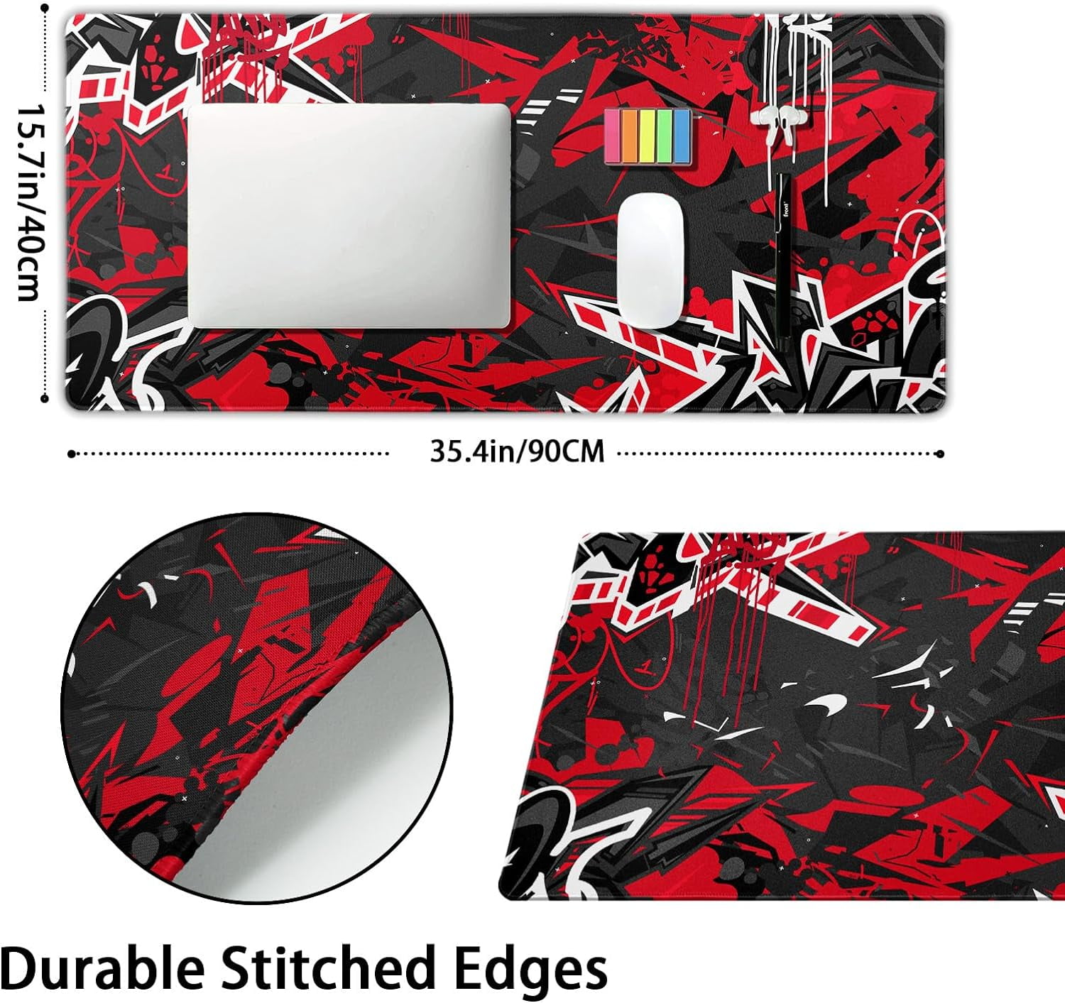 Black Red Gaming Mouse Pad XXL Abstract Graffiti Geometric Cool Extended Big Large Desk Mat Non-Slip Rubber Base Stitched Edge Long Keyboard Mousepad for PC Computer Laptop,35.4×15.7 in