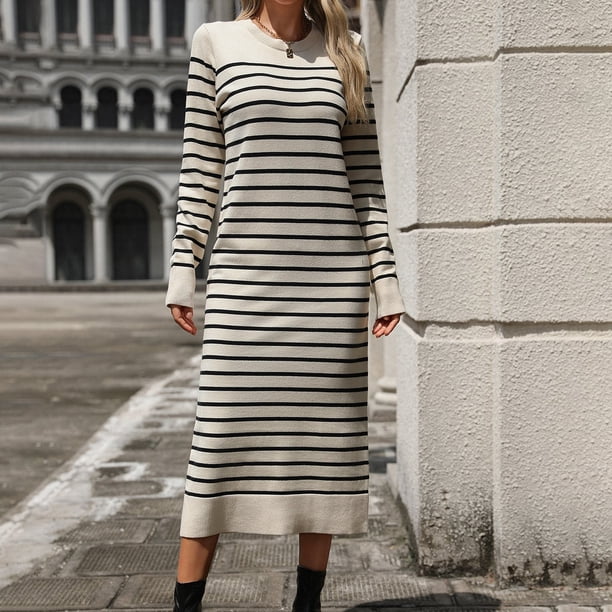 WILLBEST Vestido de Punto Elegante para Mujer, Ajustado, Largo A Rayas, para Otoño/Invierno. Chica