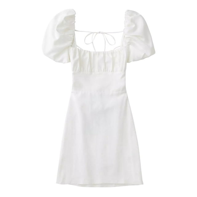 Kcodviy Robes pour Femmes Col Carré Robe d'Été Longueur Genou Manche Rétractable Plissée Enveloppe de Poitrine Robe d'Été Robe Sans Bretelles Robe Poupée Mini Robe Moulante