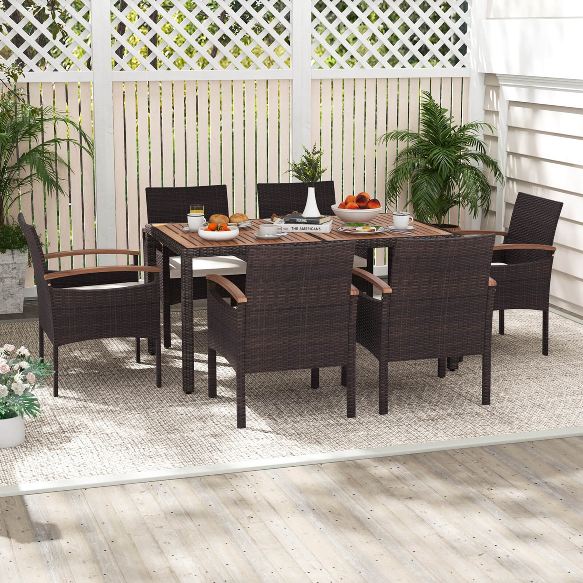 Costway Patio Dining Chairs Set of 2 with Acacia Wood Armrest Heavy Duty Metal Frame