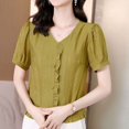 thumbnail image 4 of JUNWELL 2024 New Solid Color Women‘s Summer Casual Versatile Cardigan Button Spliced Ruched Ruffles Loose V-neck Short Sleeve Shirt Tops, 4 of 7