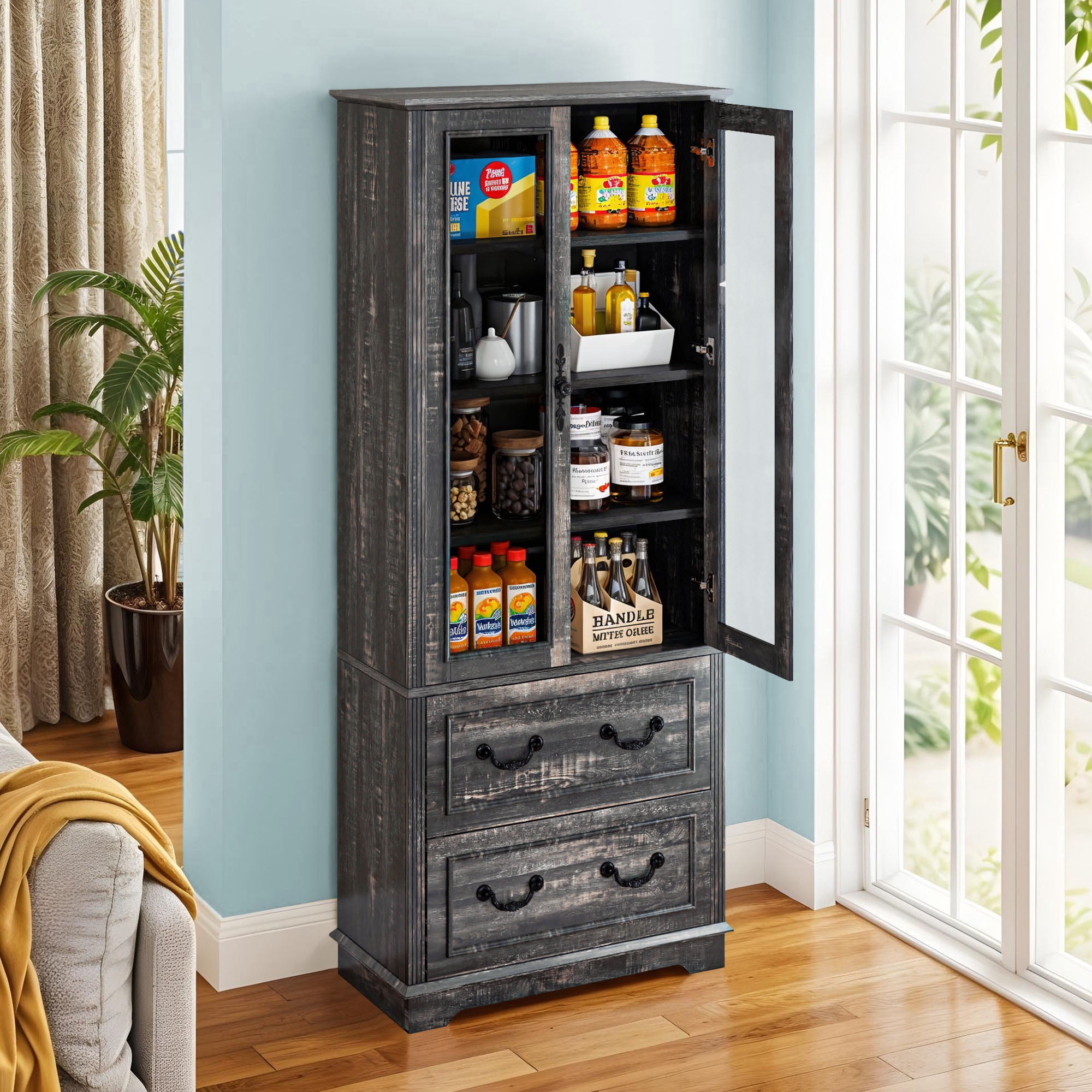 Dextrus 76'' Kitchen Pantry Cabinet with 2 Drawers, Tall Storage Cabinet with Glass Doors & Adjustable Shelves, Dark Rustic Oak