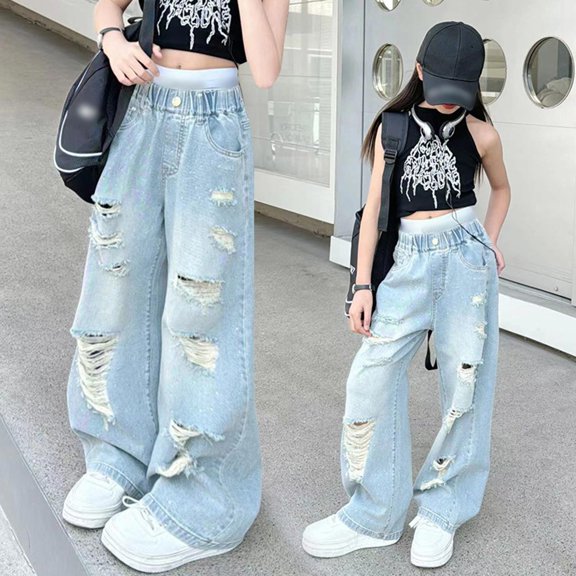 Dakiuu Teen Kids Ripped Wide Leg Jeans Light Wash Baggy Denim Pants Elastic High Waisted Loose Casual Trouders Street Bottoms for Girls 4-14 Years