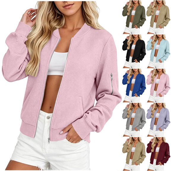 Otntypg Full Zip up Long Sleeve Jackets for Women Lightweight Casual Waffle Knit Open Front Cardigan Outwear Tops Loose Fit Cozy Outdoor Jacket with Pockets