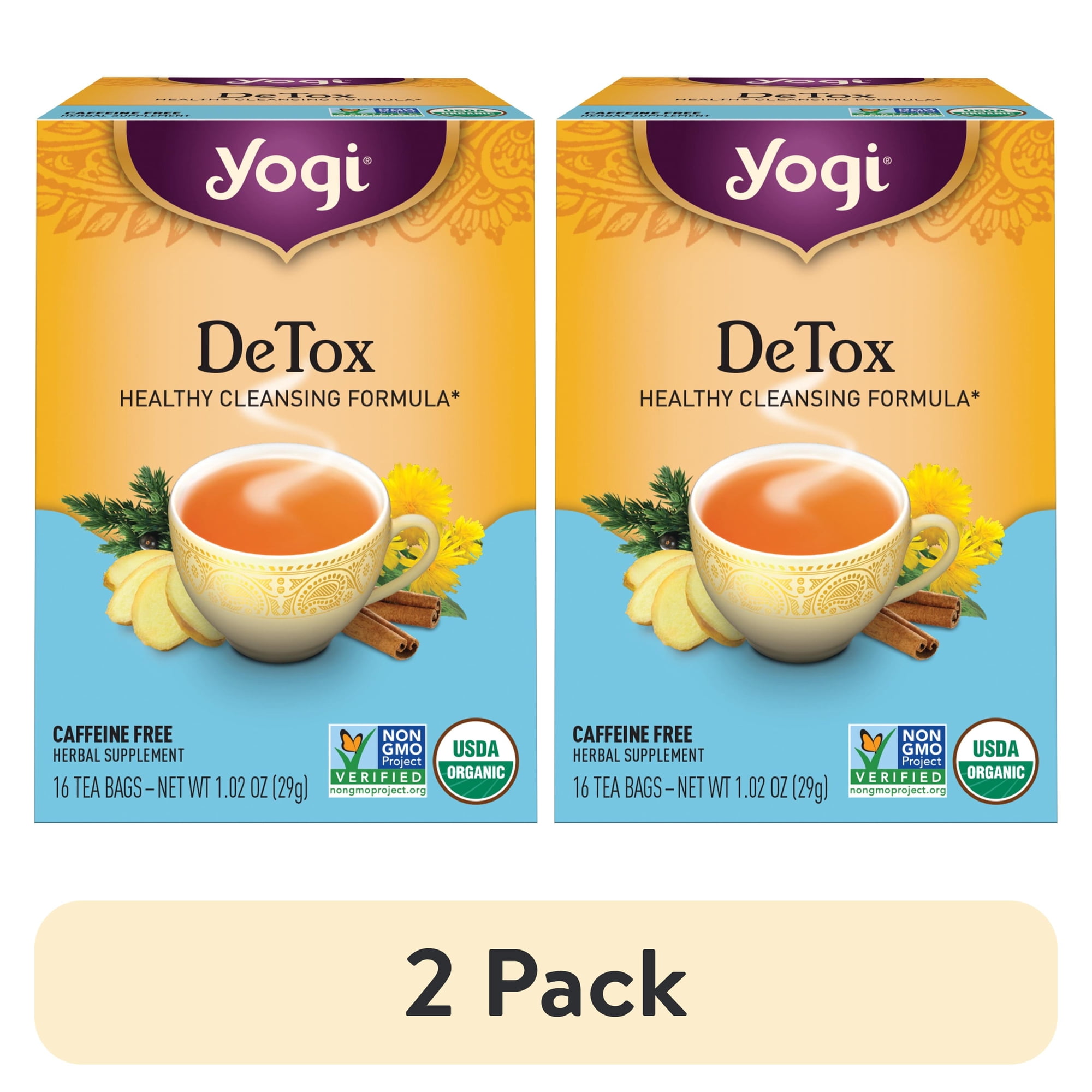 (2 pack) Yogi DeTox, Caffeine-Free, Organic Herbal Wellness Tea Bags, 16 Count