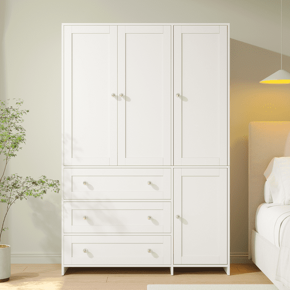 Richya 71" Armoire Wardrobe Closet with 3 Drawers and Mirror, Clothing Storage Cabinet with Hanging Rod, 4 Doors Wooden Wardrobe Cabinet for Bedroom, Large Capacity Storage