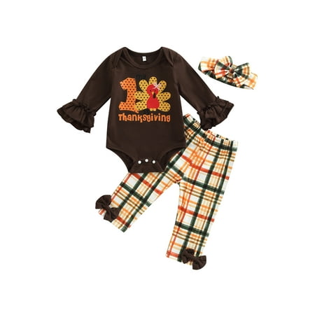 

Bagilaanoe 3Pcs Newborn Baby Girl Thanksgiving Outfits Letter Print Long Sleeve Romper Tops + Plaid Trousers + Headband 3M 6M 12M 18M Infant Fall Long Pants Set