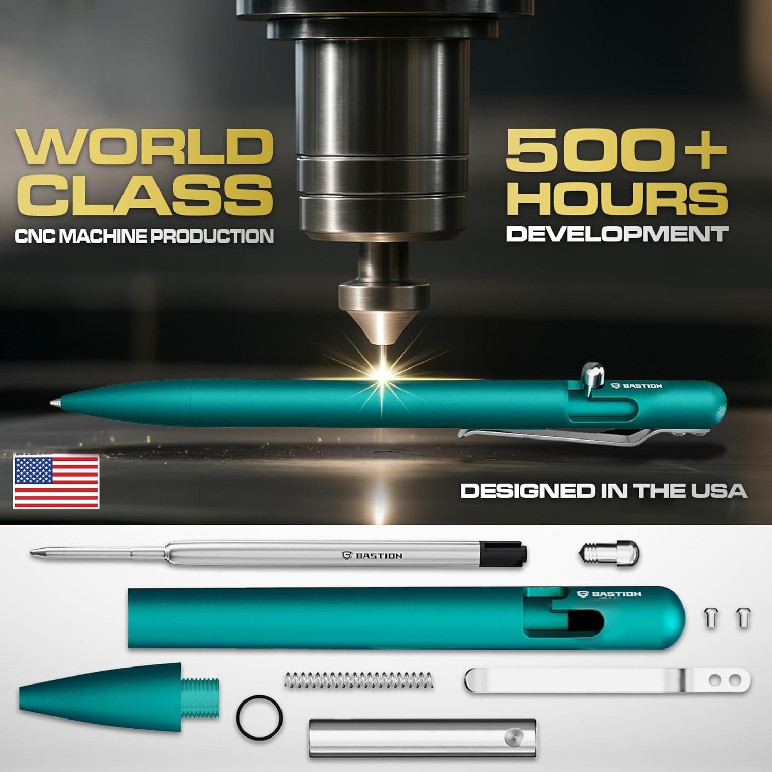 BASTION Bolt Action Pen – Slim Aluminum Blue, Fine Tip Professional Ballpoint For Office & Daily Use