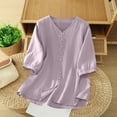 thumbnail image 2 of XPMWRP Women's Cotton Linen Button Down Short Sleeve Shirts Summer Loose V Neck Casual Oversized Solid Blouses Purple XXL, 2 of 7