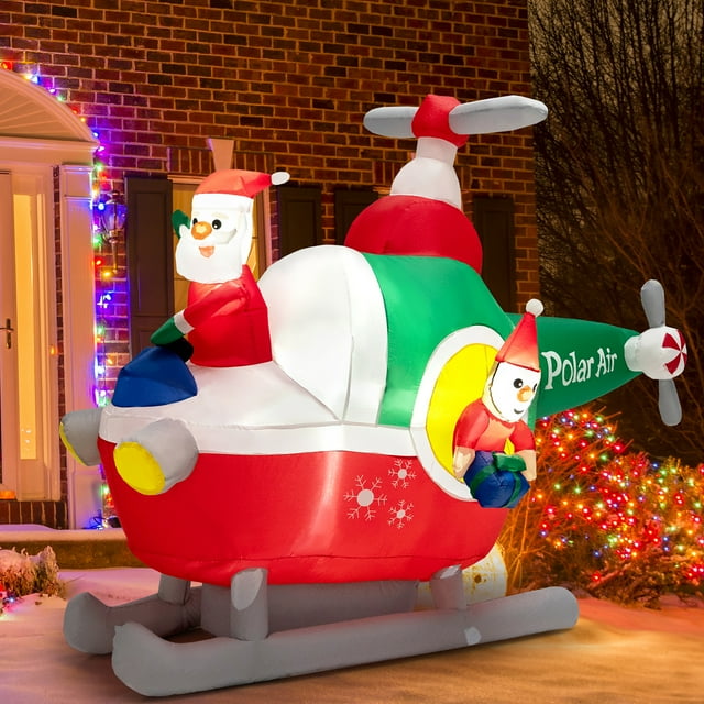 Gymax 6FT Long Inflatable Santa Claus Drives Helicopter Christmas Decor w/ Air Blower & LEDs