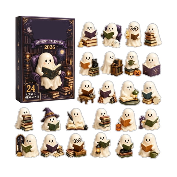 2026 Bookish Ghost Advent Calendar, 24 Days Halloween Countdown Cute Reading Ghost 2D Acrylic Ornaments, Collectible Surprise Gift Box Stocking Stuffer for Book Lovers