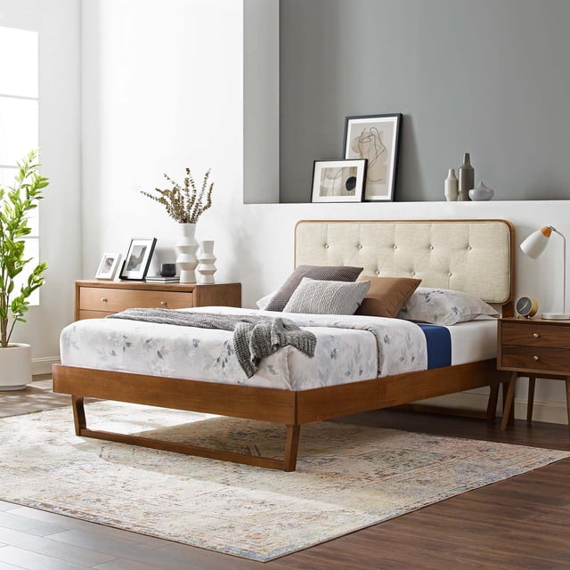 Modway Bridgette Lit Plateforme Simple en Bois avec Cadre Angulaire en Noyer/beige