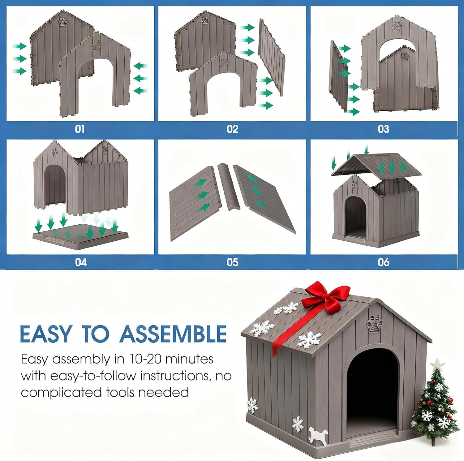 Large Dog House Outdoor Indoor for Medium Large Dogs, Durable Plastic Waterproof Doghouse with Air Vents and Elevated Floor, Easy Clean and Assemble (Light Grey, 36.2''L×38''W×38''H)